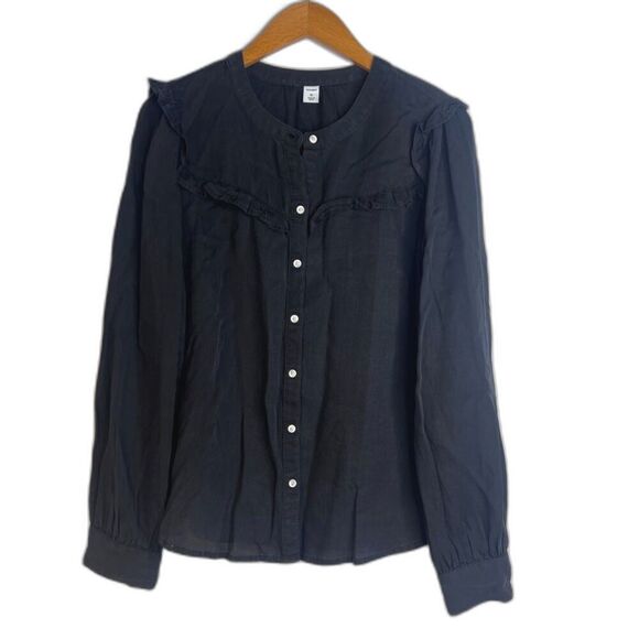 Old Navy Black Soft Chambray 100% Lyocell Ruffled Bodice Button Front Top Sz MD - Picture 1 of 9